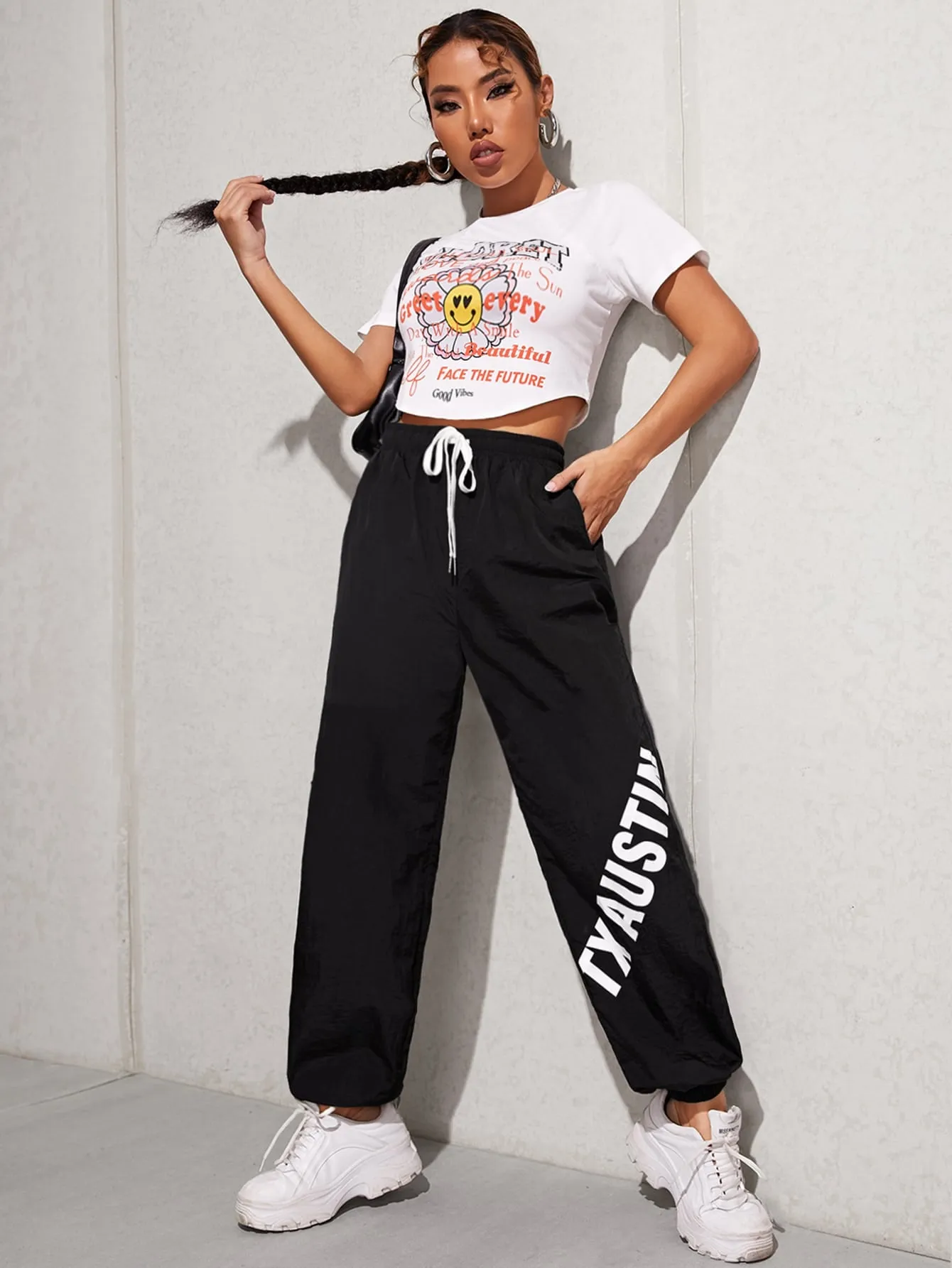 Casual Letter Tie Front High Waist Long Women Pants