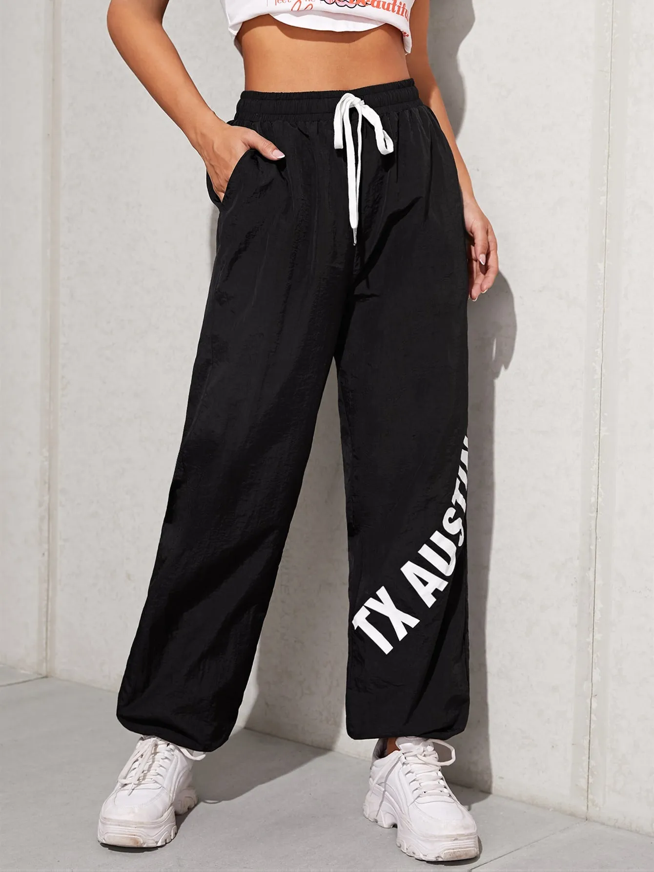 Casual Letter Tie Front High Waist Long Women Pants