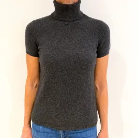 Charcoal Grey Short Sleeved Cashmere Polo Neck Jumper Small