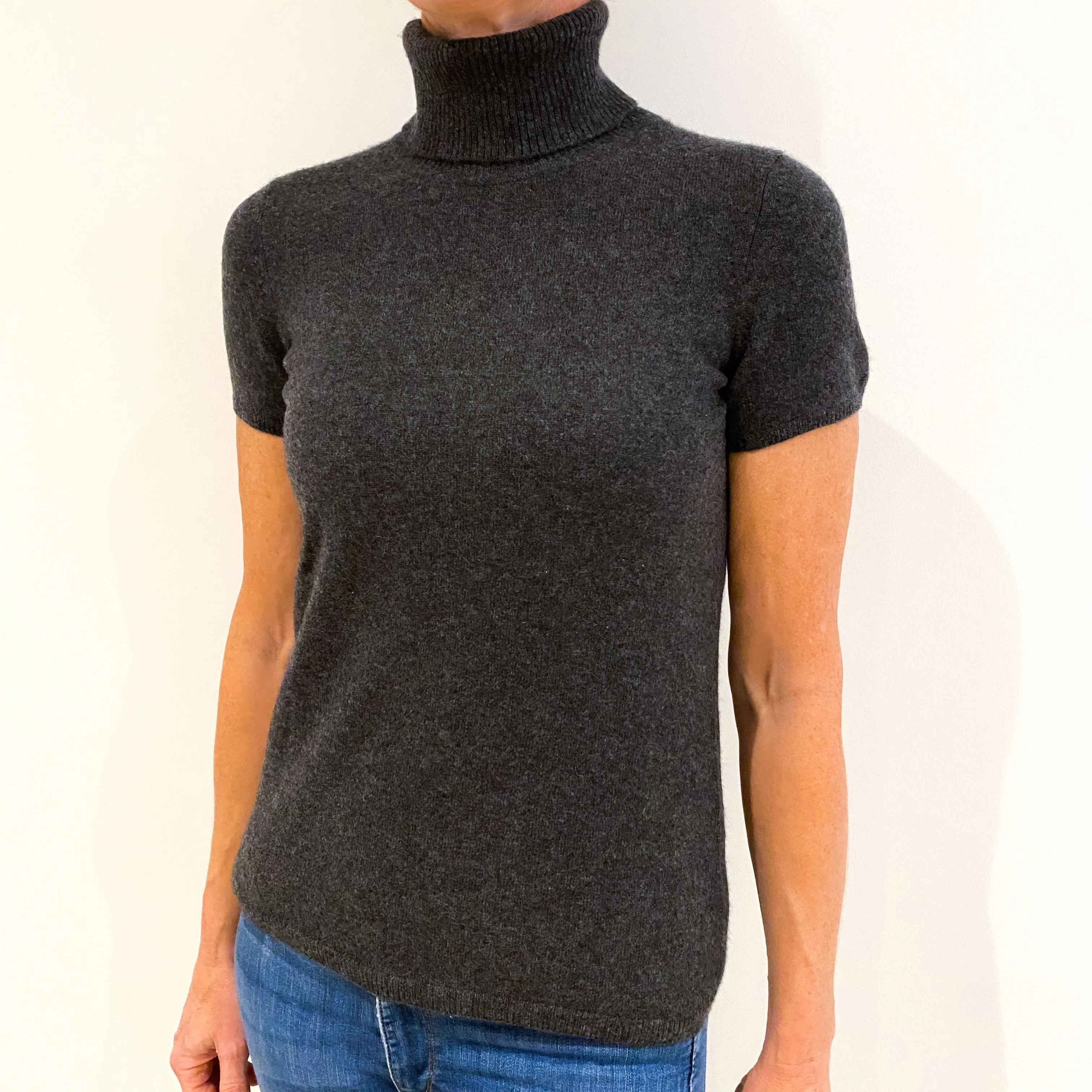 Charcoal Grey Short Sleeved Cashmere Polo Neck Jumper Small