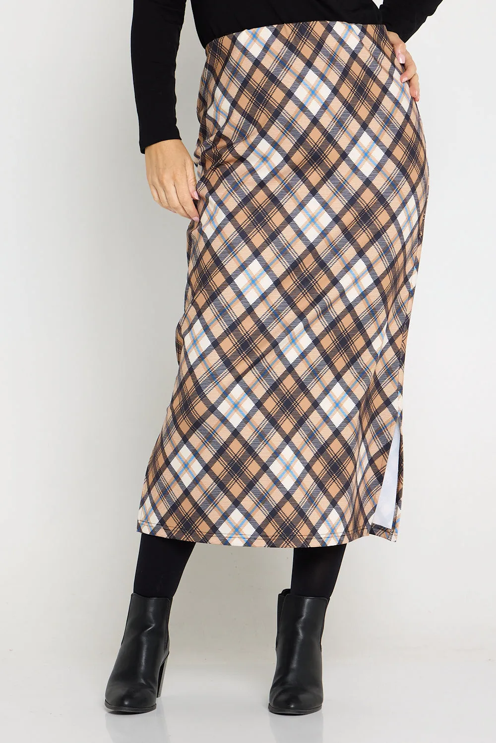 Charlize Column Skirt - Camel Plaid