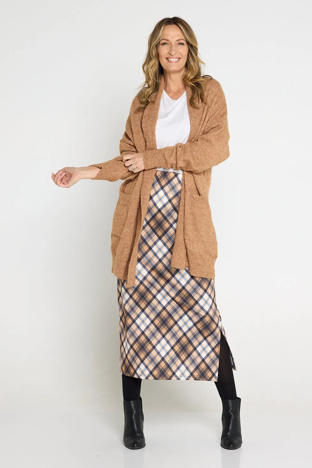 Charlize Column Skirt - Camel Plaid