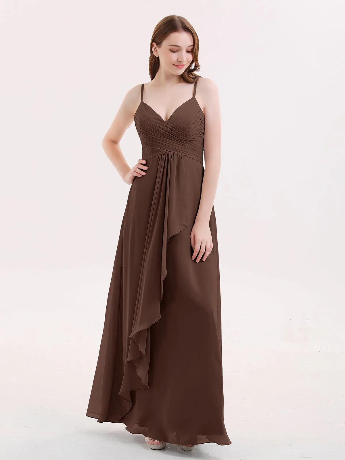 Chiffon Bridesmaid Dresses with Cascade Skirt-Chocolate