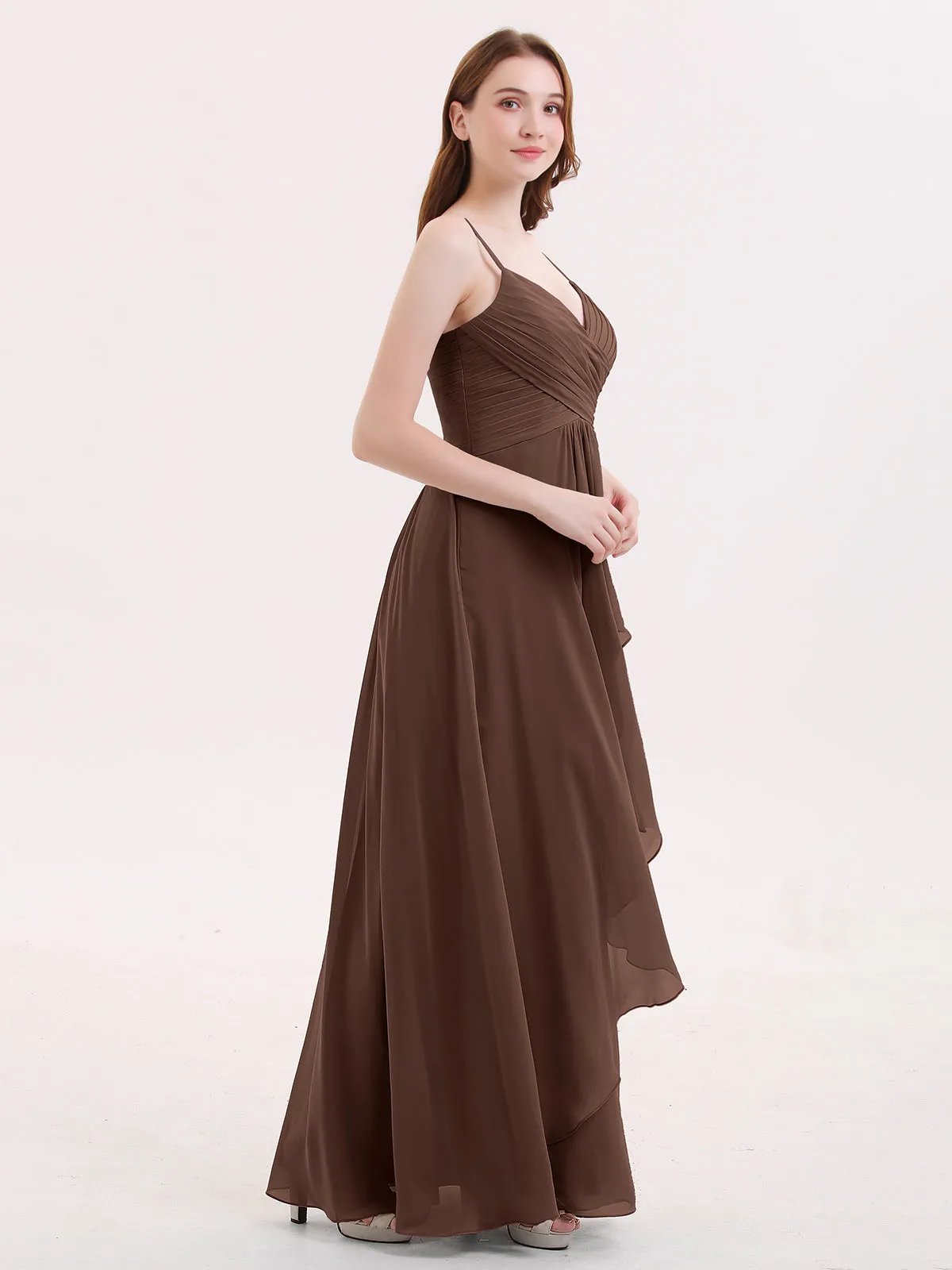 Chiffon Bridesmaid Dresses with Cascade Skirt-Chocolate