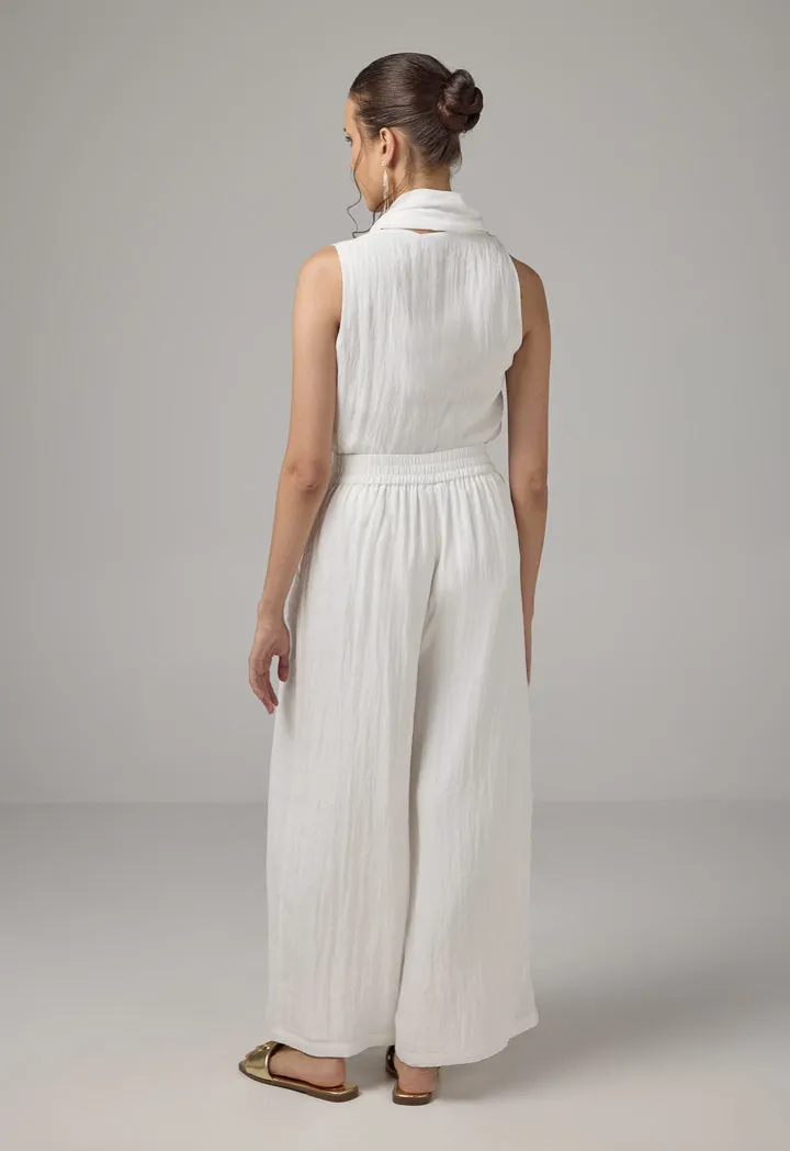 Choice Crinkled Elastic Waist Wide Leg Trousers Off White