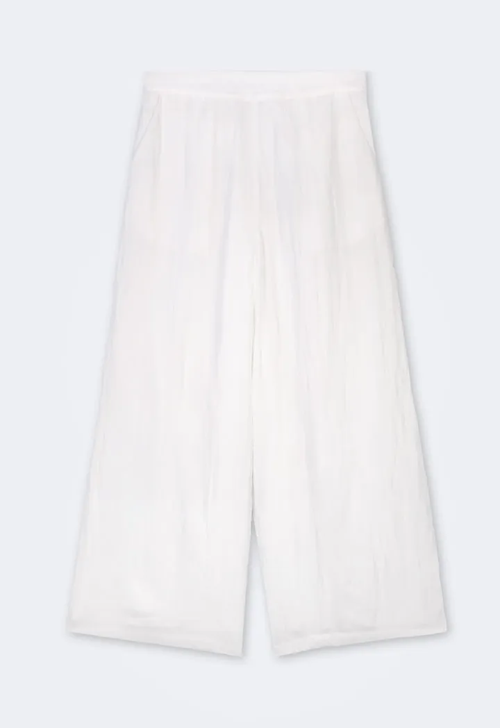 Choice Crinkled Elastic Waist Wide Leg Trousers Off White