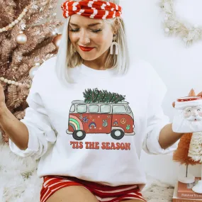 Christmas Crewneck Sweatshirt Cute Women's Cute Red Hippie Van with Tree on Top Warm Cozy Gildan® White, Ash, or Sand Pullover