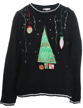 Christmas Tree Design Black Embroidered Jumper - L