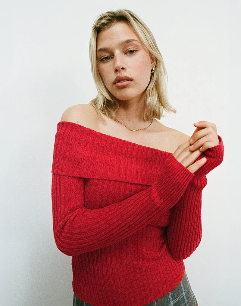 Circe Off-Shoulder Long Sleeve Knit To in Red