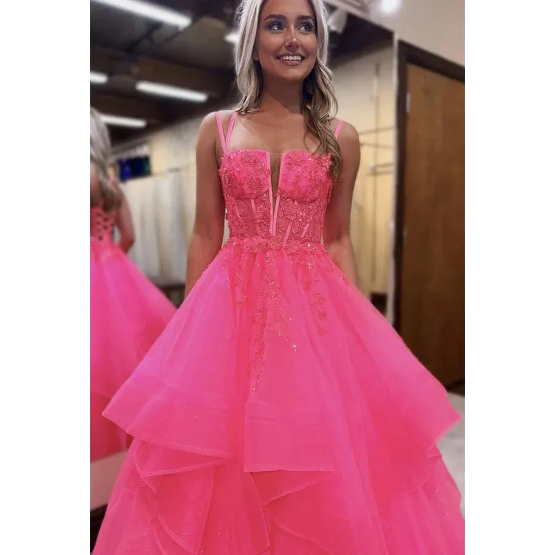 Classic & Timeless Criss-Cross Straps Sleeveless A-line Tulle Party Prom Dress With Applique