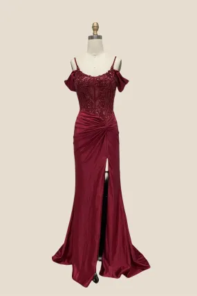 Cold Shoulder Burgundy Beaded Ruched Long Dress