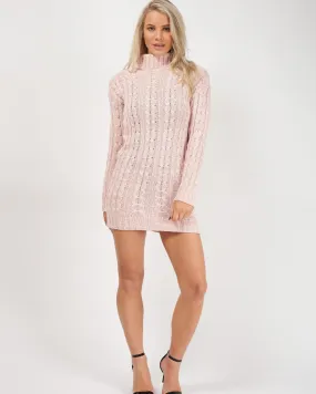 Connie Roll Neck Cable Knit Jumper Dress In Pink