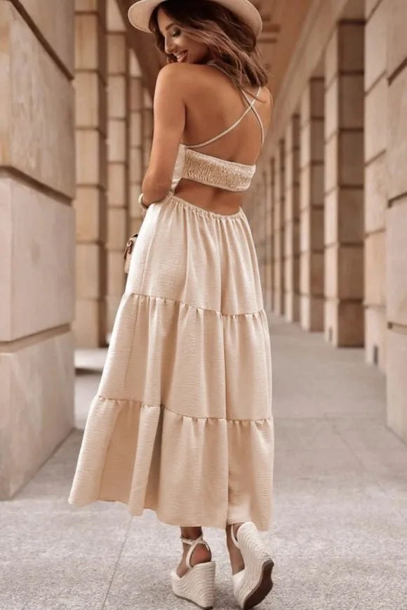 Crossover Backless Bodice Tiered Maxi Dress