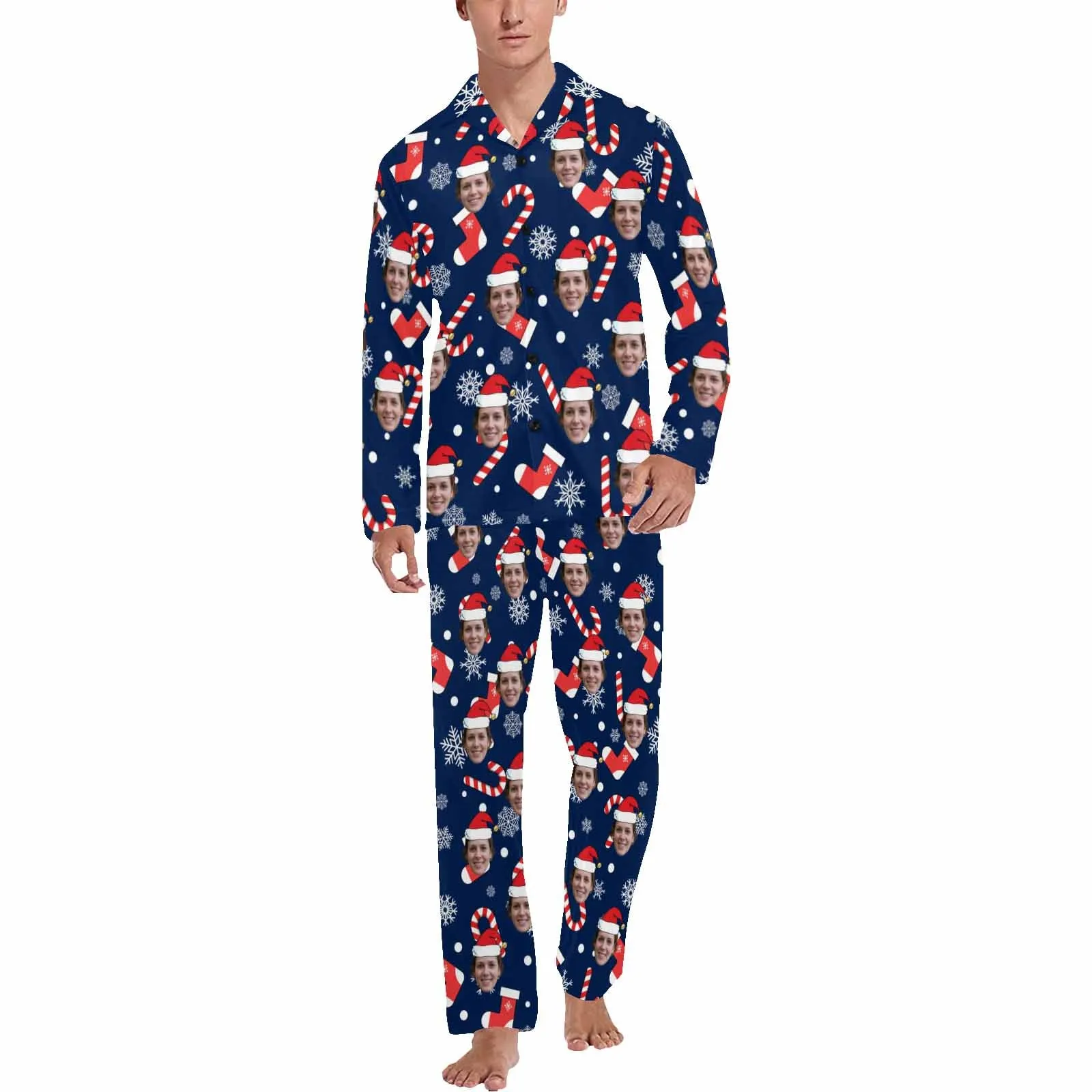 Custom Face Pajamas Christmas Sock&Crutch Sleepwear Personalized Men's Long Pajama Set