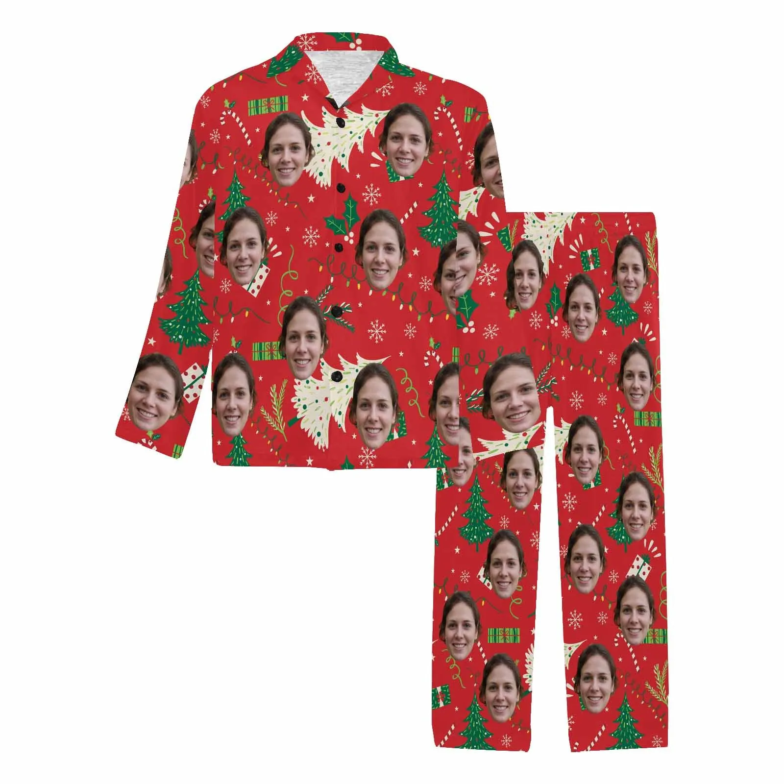 Custom Face Pajamas Green Tree Red Sleepwear Personalized Men's Long Pajama Set