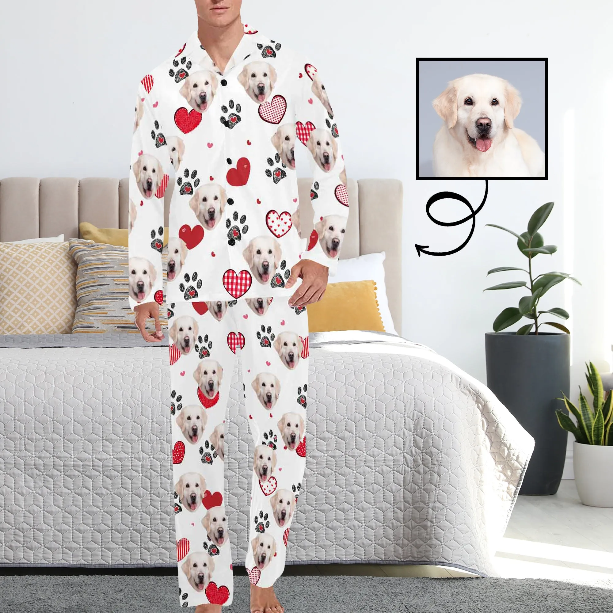 Custom Face Pajamas Heart&Pet's Footprint Sleepwear Personalized Men's Long Pajama Set