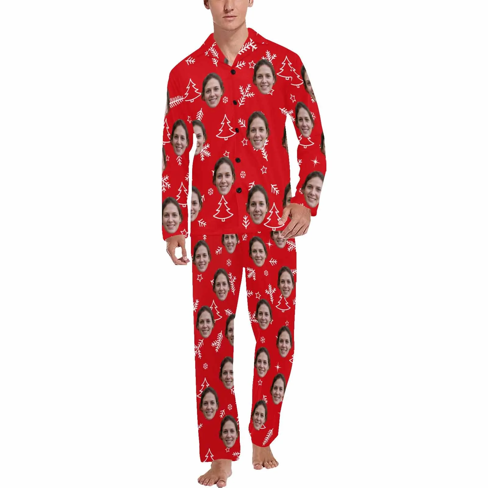 Custom Face Pajamas Line Trig Red Sleepwear Personalized Men's Long Pajama Set