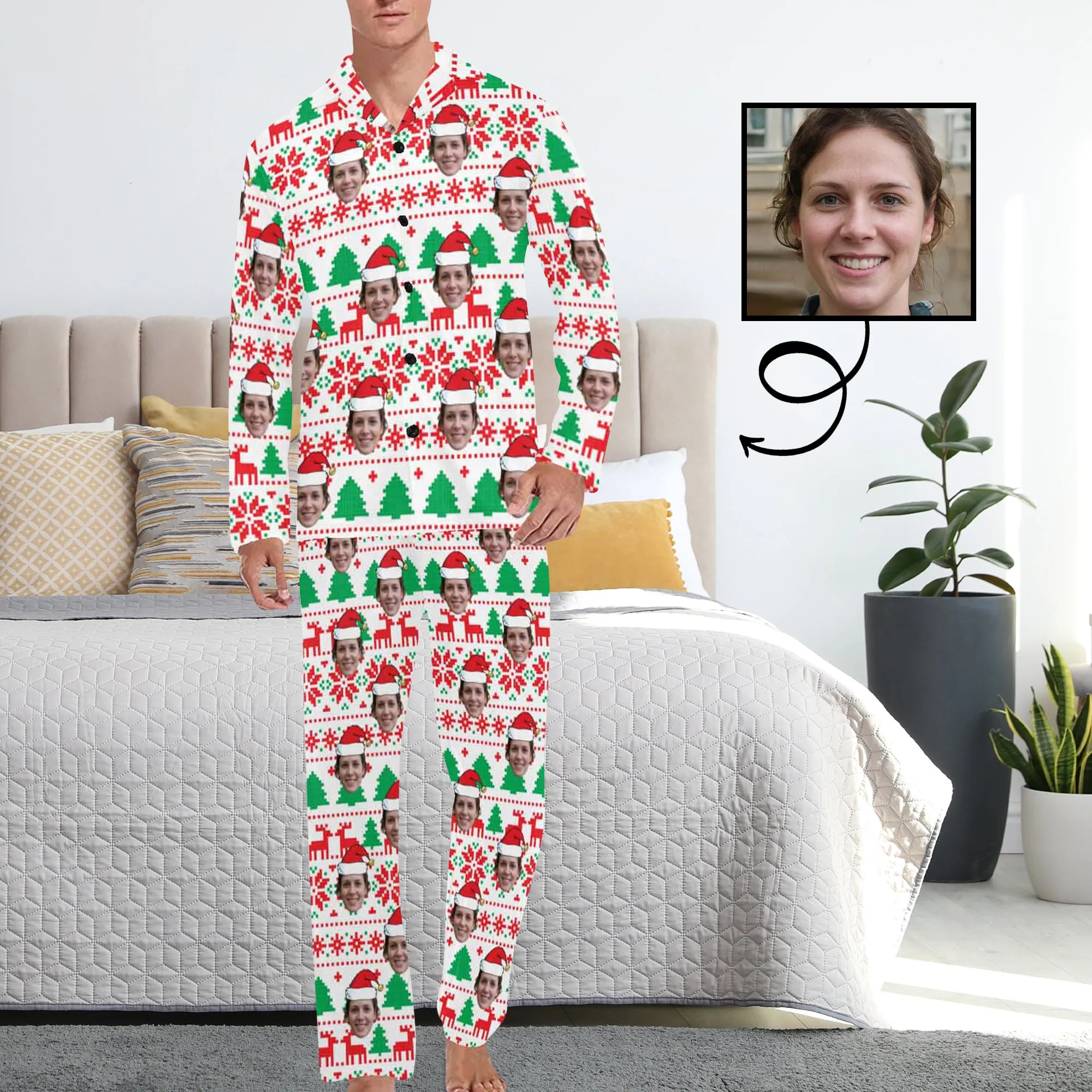 Custom Face Pajamas Mosaic Lattice&Green Tree Sleepwear Personalized Men's Long Pajama Set