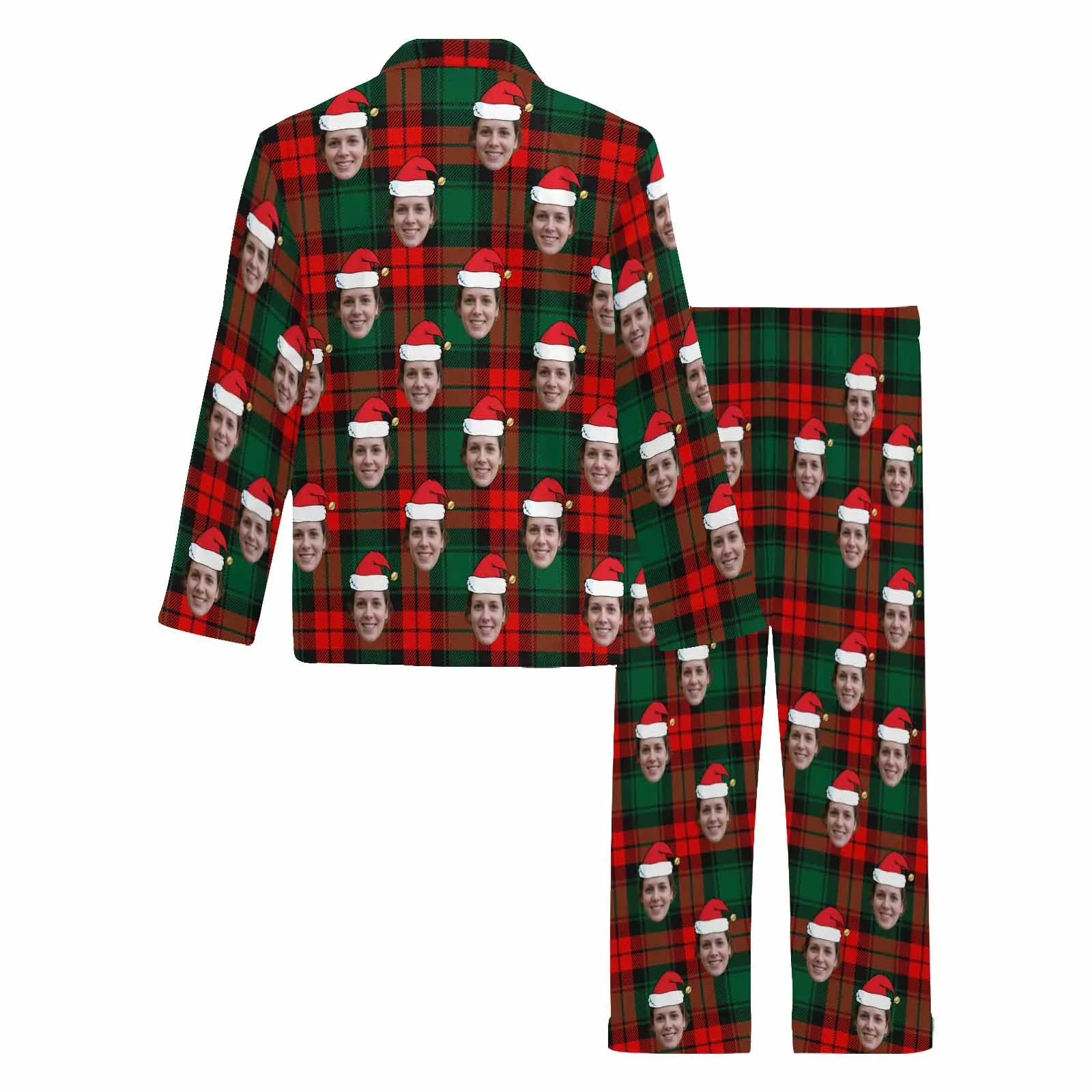 Custom Face Pajamas Red&Green Lattice Sleepwear Personalized Men's Long Pajama Set