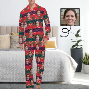 Custom Face Pajamas Small Grid Red Sleepwear Personalized Men's Long Pajama Set