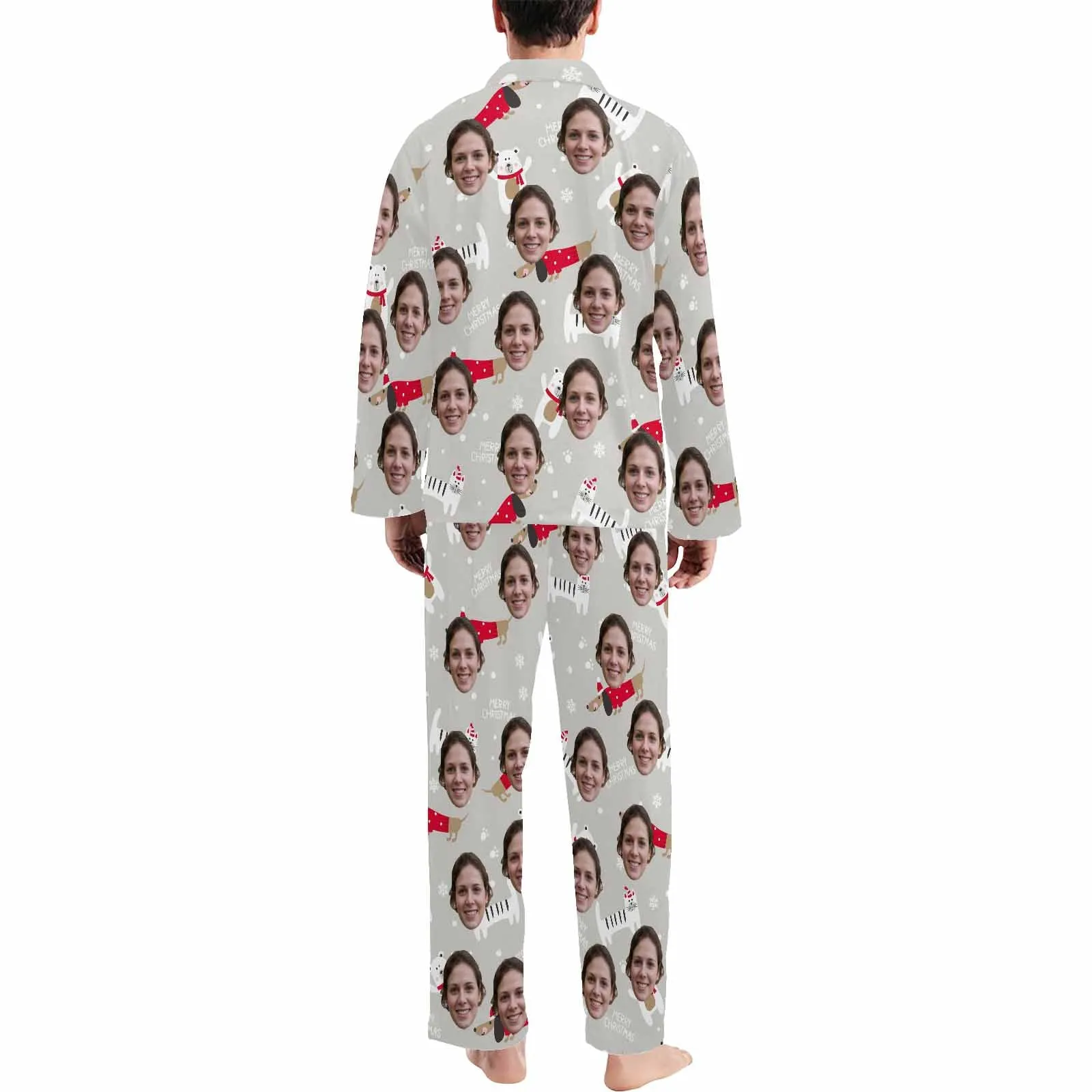 Custom Face Pajamas White Bear&Dog Sleepwear Personalized Men's Long Pajama Set