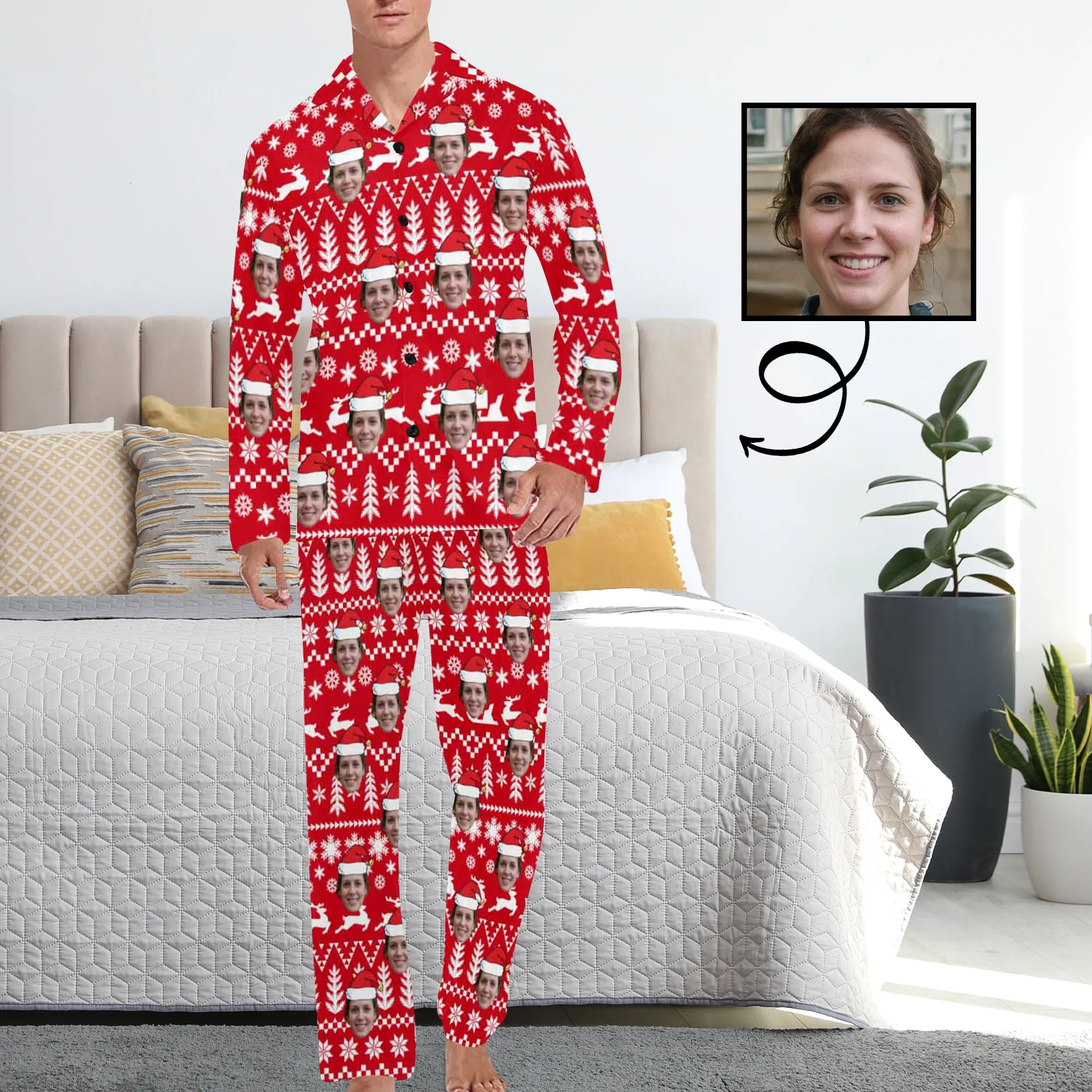 Custom Face Pajamas White Fir&Elk Red Sleepwear Personalized Men's Long Pajama Set