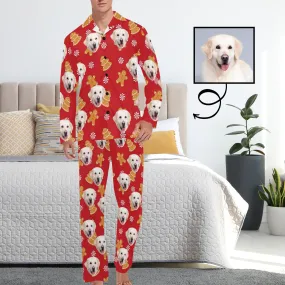 Custom Pet Face Pajamas Cookie Red Sleepwear Personalized Men's Long Pajama Set