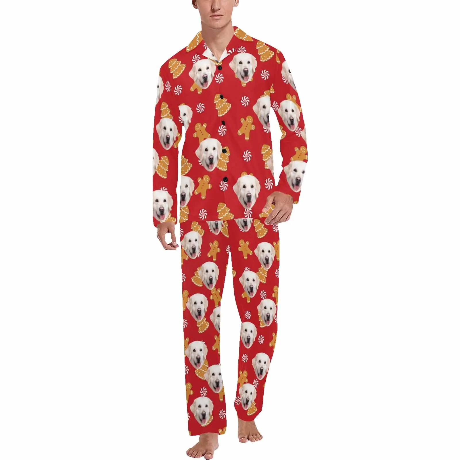 Custom Pet Face Pajamas Cookie Red Sleepwear Personalized Men's Long Pajama Set