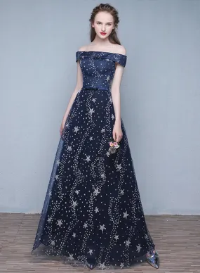 Dark Blue Tulle Sequins Long Prom Dress, Blue A-Line Off the Shoulder Evening Dress