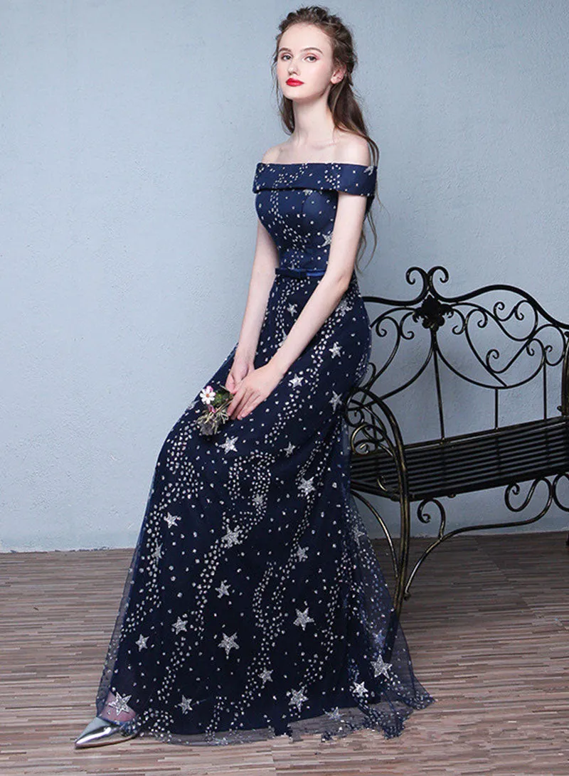 Dark Blue Tulle Sequins Long Prom Dress, Blue A-Line Off the Shoulder Evening Dress