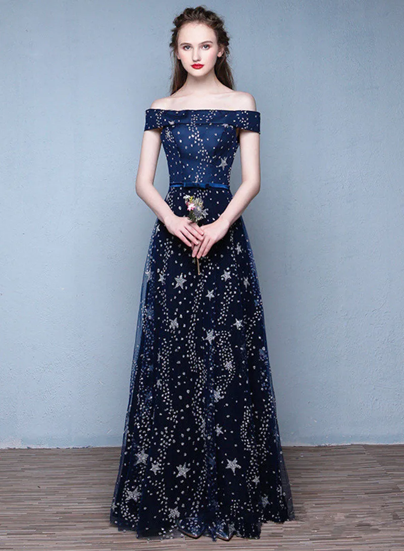 Dark Blue Tulle Sequins Long Prom Dress, Blue A-Line Off the Shoulder Evening Dress