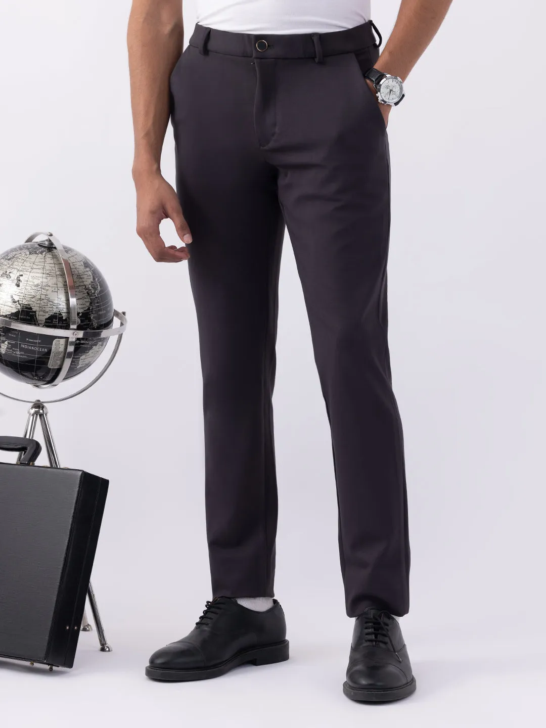 Dark Grey Plain Bi-Stretch Trousers