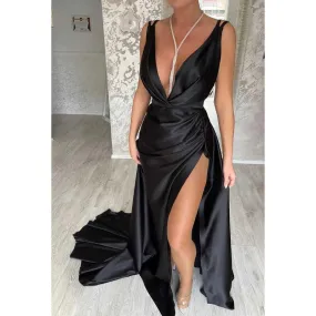 Deep V-Neck Halter Ruched Thigh Slit Sheath Long Prom Evening Gown