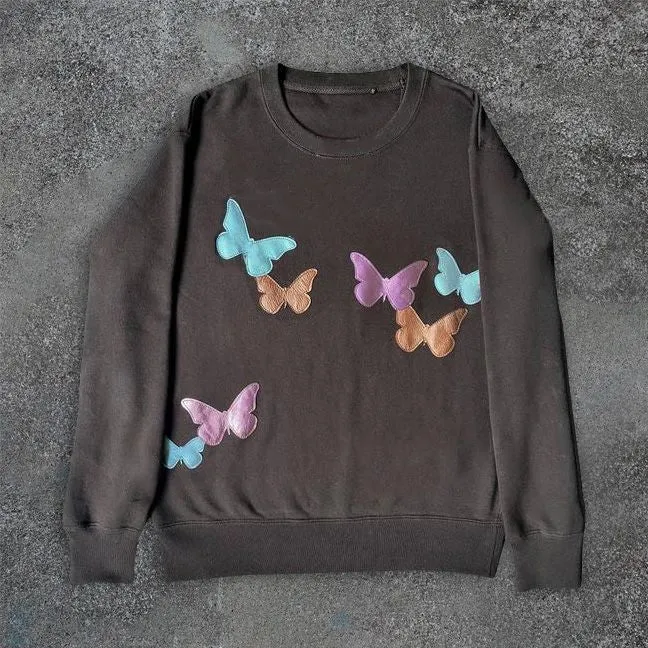 Fashion Butterfly Print Round Neck Long Sleeve Sweatshirt