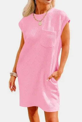 Fashion Women Dress Textured Round Neck Cap Sleeve Casual Dress