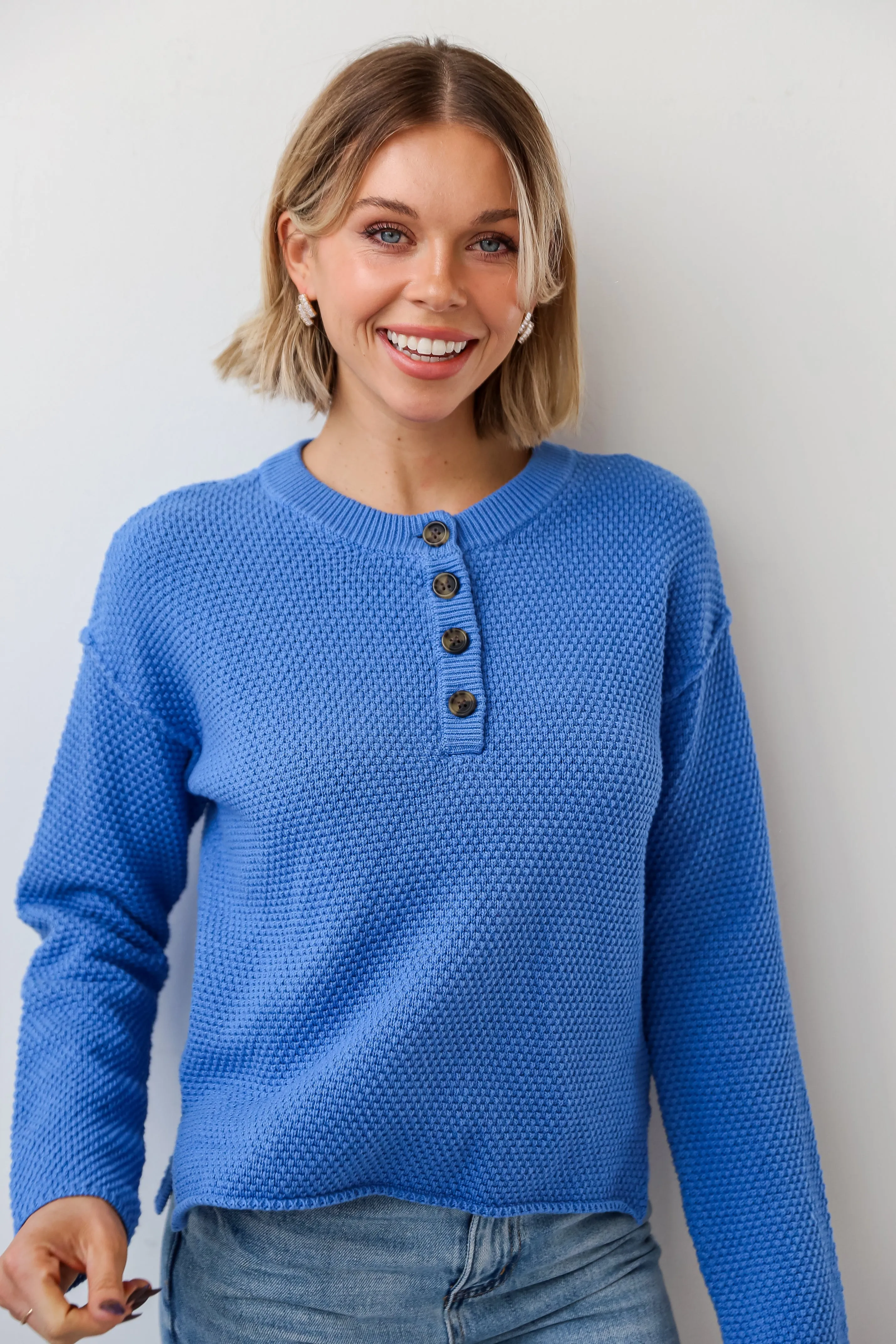 FINAL SALE - Stylish Perfection Blue Henley Sweater