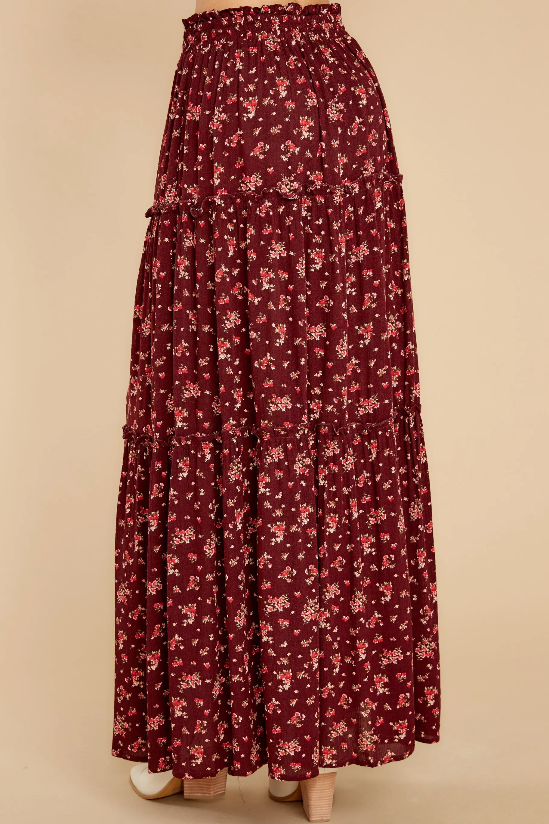 Flirty In The Fall Burgundy Floral Print Maxi Skirt