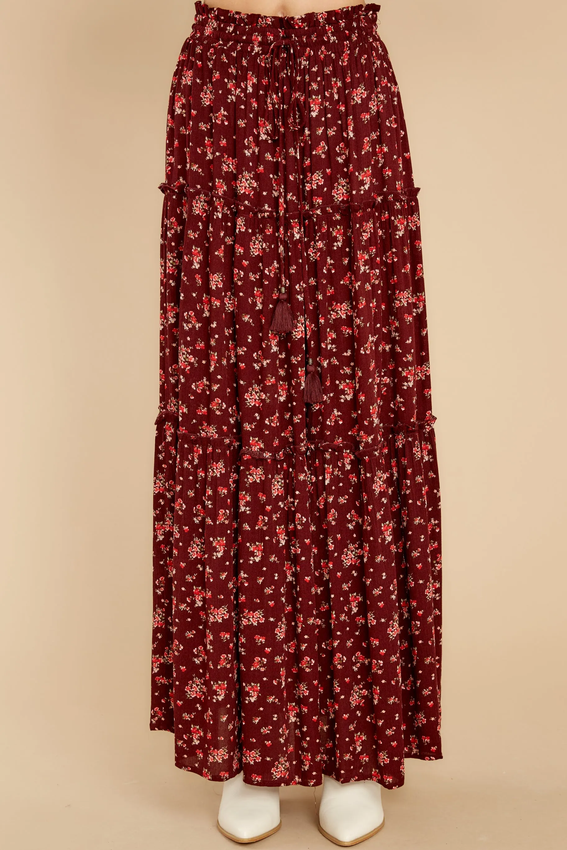 Flirty In The Fall Burgundy Floral Print Maxi Skirt