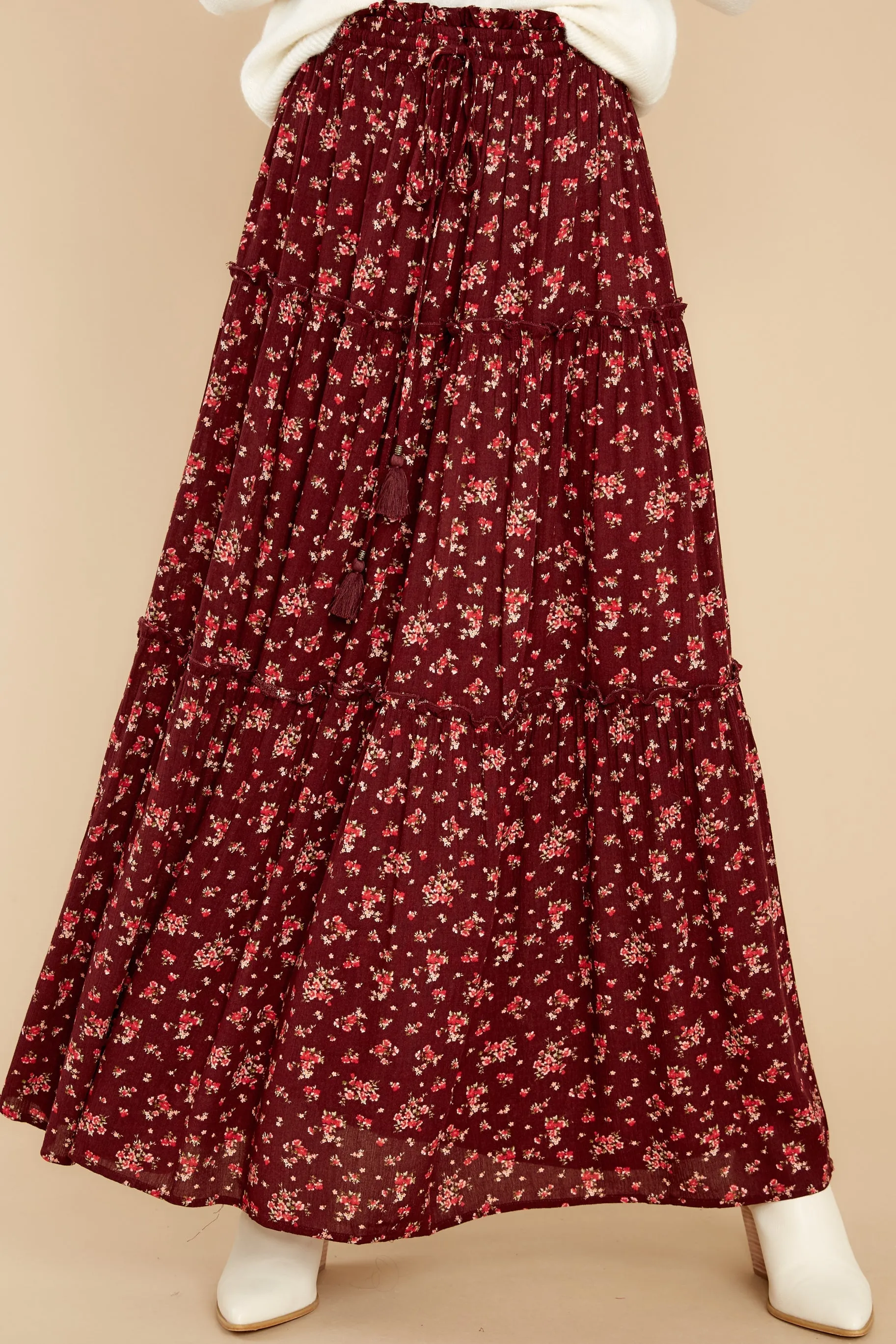 Flirty In The Fall Burgundy Floral Print Maxi Skirt