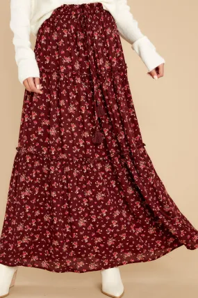 Flirty In The Fall Burgundy Floral Print Maxi Skirt