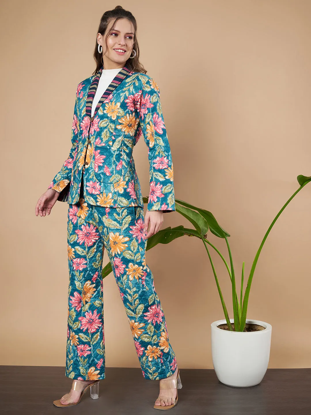 Floral Quilted Blazer and Trouser Set for Women