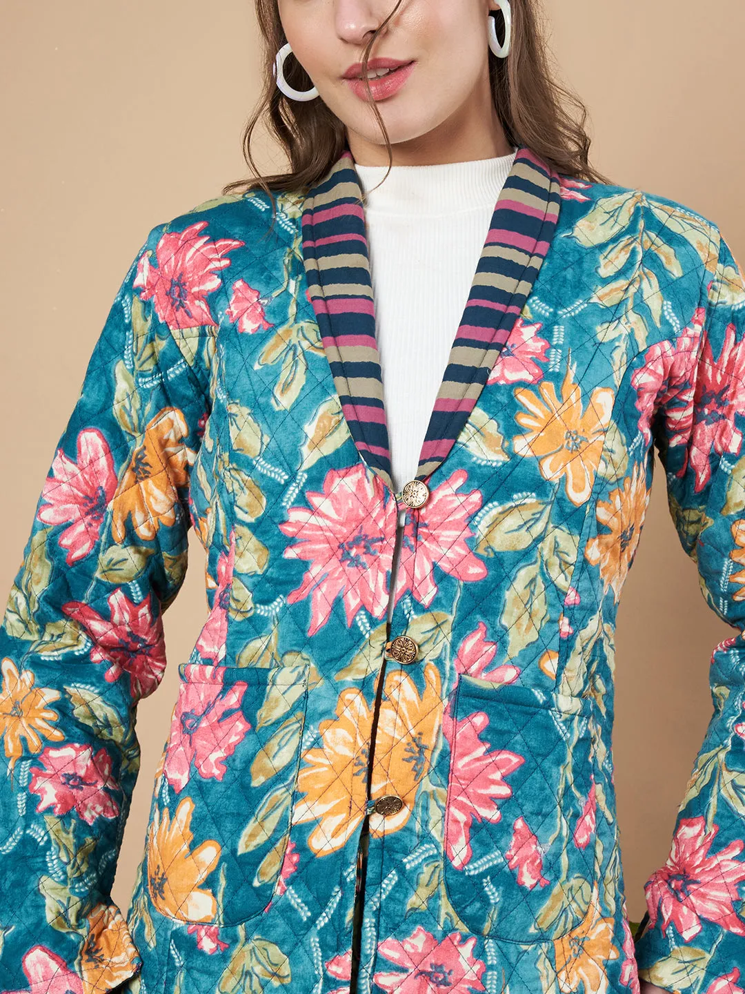 Floral Quilted Blazer and Trouser Set for Women