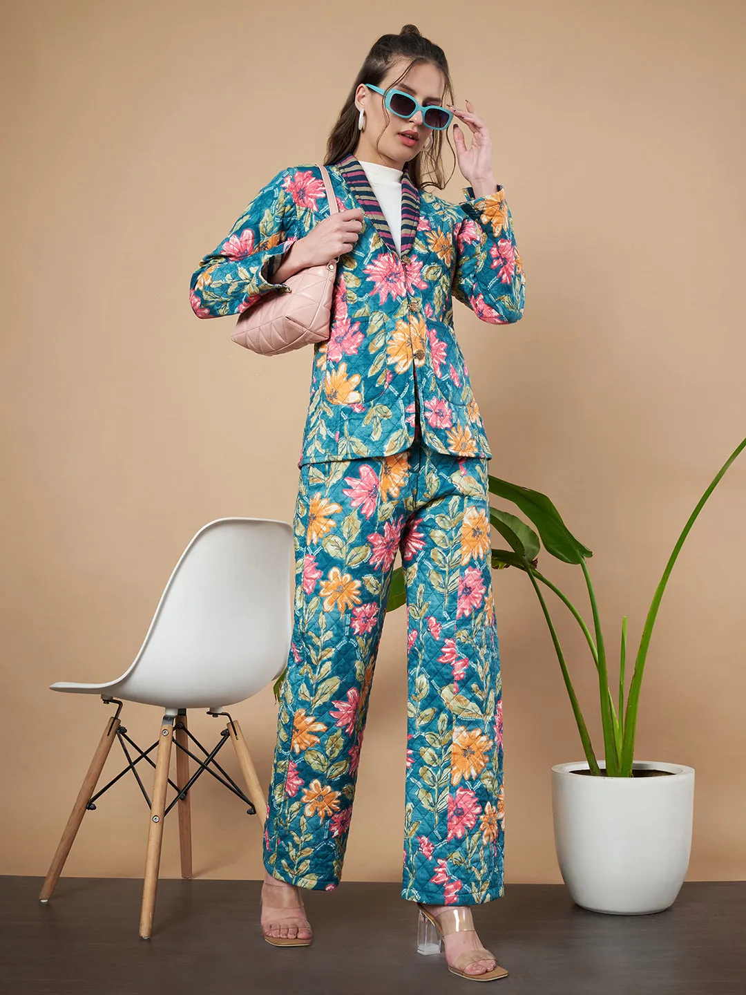 Floral Quilted Blazer and Trouser Set for Women