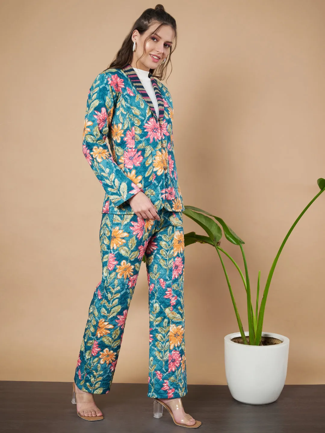 Floral Quilted Blazer and Trouser Set for Women