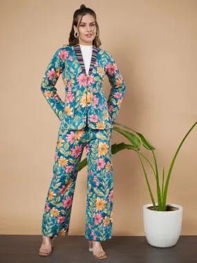 Floral Quilted Blazer and Trouser Set for Women