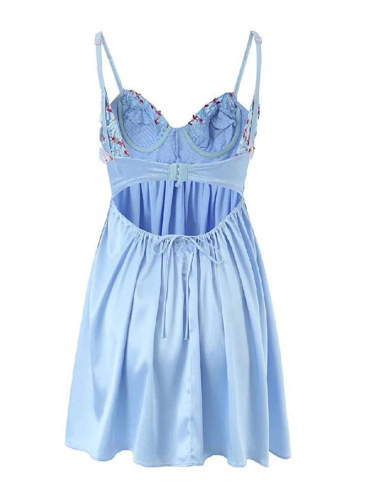 Flower Embroidered Lace Charming Blue Slip Mini Dress