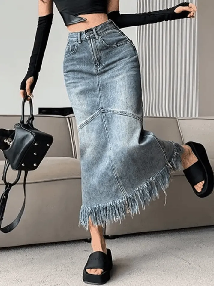 Fringed Vintage Denim Skirt