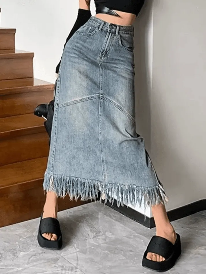 Fringed Vintage Denim Skirt