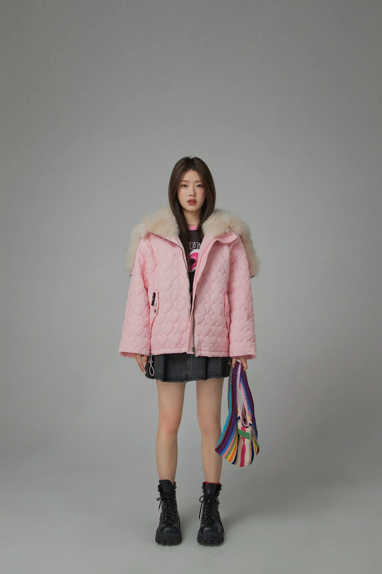 Fur Hoodie Heart Quilted Jacket