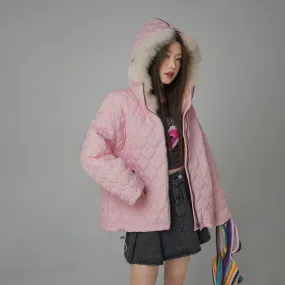 Fur Hoodie Heart Quilted Jacket